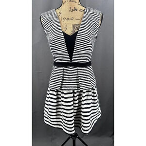BCBGMaxazria Dress Women 2 Black White Striped Piper Sleeveless Zip Peplum Party